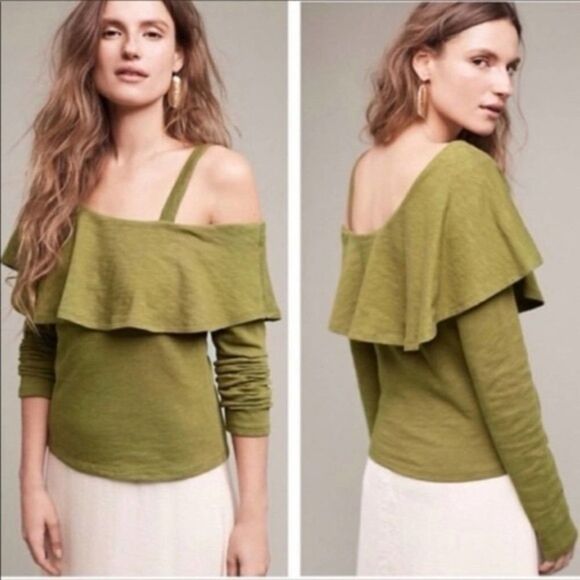 Postmark Anthropologie Olive One Shoulder Ruffle Top Size Medium EUC boho fairy - Picture 1 of 7
